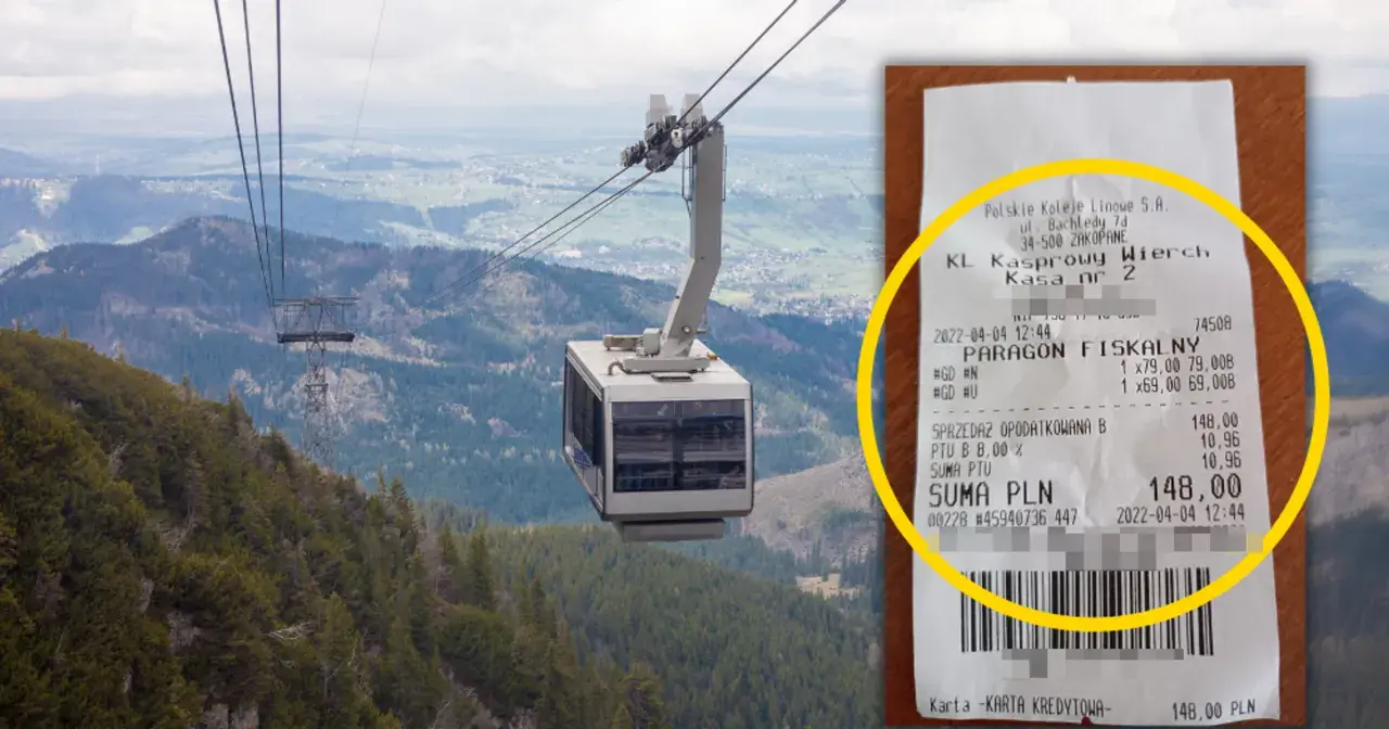 Kolejka linowa na Kasprowy Wierch i paragon fiskalny.