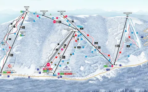 Mapa tras narciarskich i wyciągów na Skrzycznem z zaznaczonymi szlakami i punktami widokowymi.
