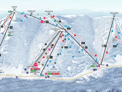 Mapa tras narciarskich i wyciągów na Skrzycznem z zaznaczonymi szlakami i punktami widokowymi.